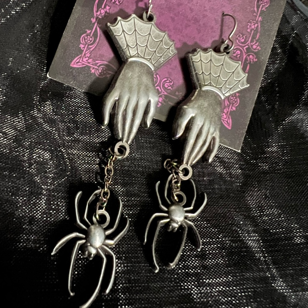 Silver Spider Dangle Earrings with Hand Motif